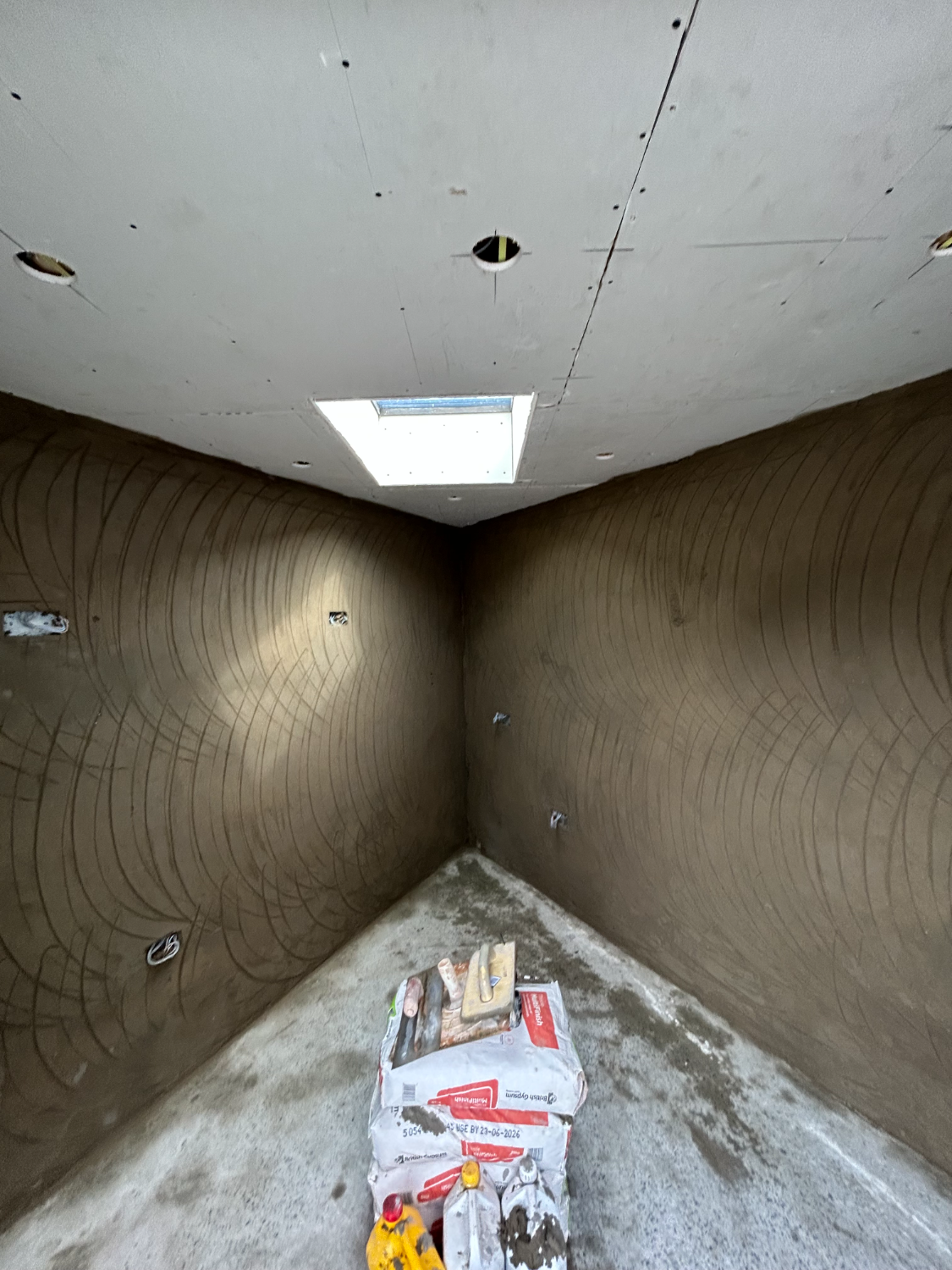 Interior of an extension shell being prepared for plastering